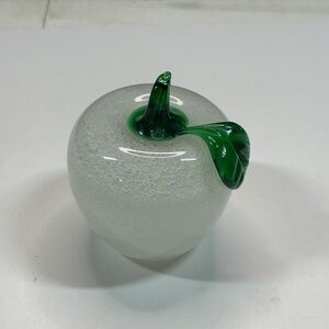 Art Glass Apple Paperweight Bubbles Green Stem & Leaf 3” Office Desk